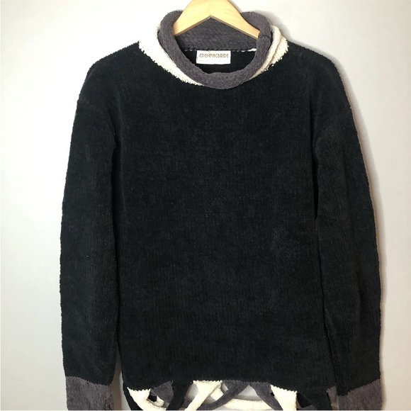 EDEL MACBRIDE Sweater Ireland Hand Made High Roll Neck Chenille Knit Black Large - Picture 3 of 16